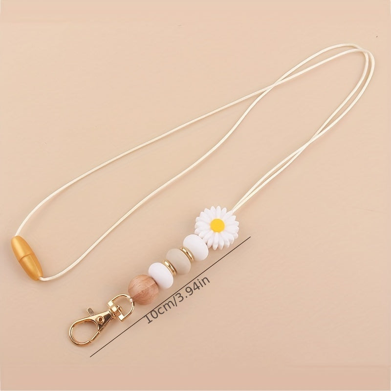 Hemasa Daisy Bead Keychain Lanyard Badge Holder, Cute Flower Silicone Key Ring with Clip for Teachers and Students - Gift Idea