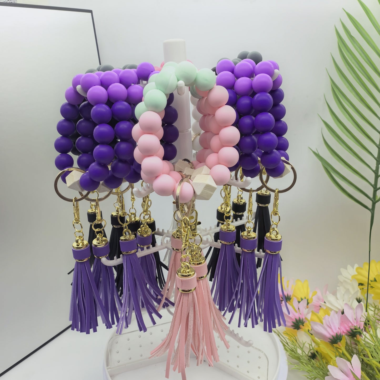 Silicone & PU Leather Tassel Keychain - Fashionable Beaded Wristlet, Decorative Keyring, Lobster Clasp Closure, Accessory for Bags & Cars, Festive New Year Gift, Single Piece