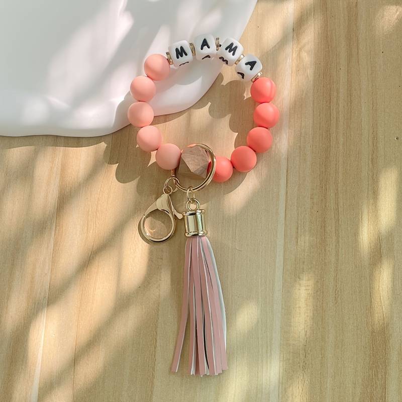 Silicone Beaded Bracelet Wristlet Keychain with Tassels -MAMA