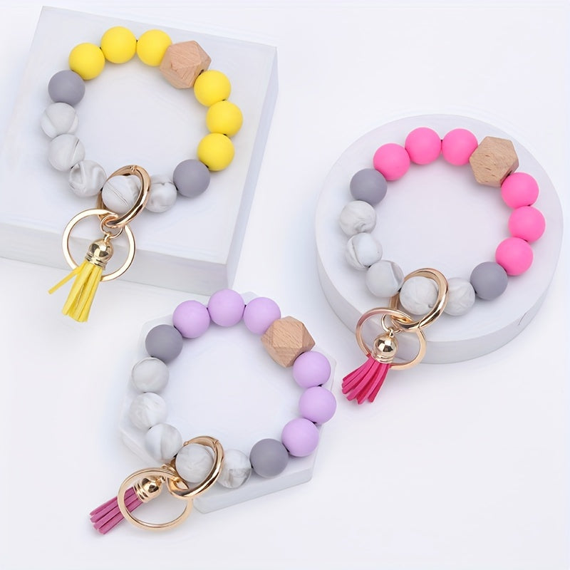 1pc, Silicone Beaded Keychain For Women Bracelet Fashion Vintage Boho Car Keychain Leather Tassel Beaded Bracelet Key Ring Bag Pendant Halloween Thanksgiving Gift Party Small Gift For Men And Women The Same Style