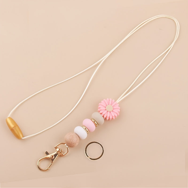 Hemasa Daisy Bead Keychain Lanyard Badge Holder, Cute Flower Silicone Key Ring with Clip for Teachers and Students - Gift Idea
