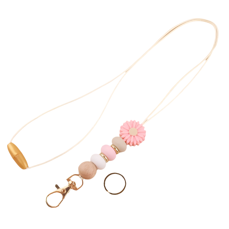 Hemasa Daisy Bead Keychain Lanyard Badge Holder, Cute Flower Silicone Key Ring with Clip for Teachers and Students - Gift Idea