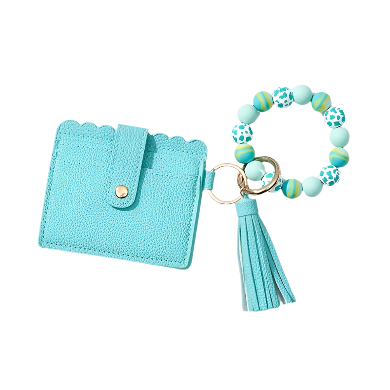 Hemasa Leopard Silicone Wooden Beaded Wristlet Keychain With Wallet /Credit Card Holder /Bag Charm Phone Lanyard