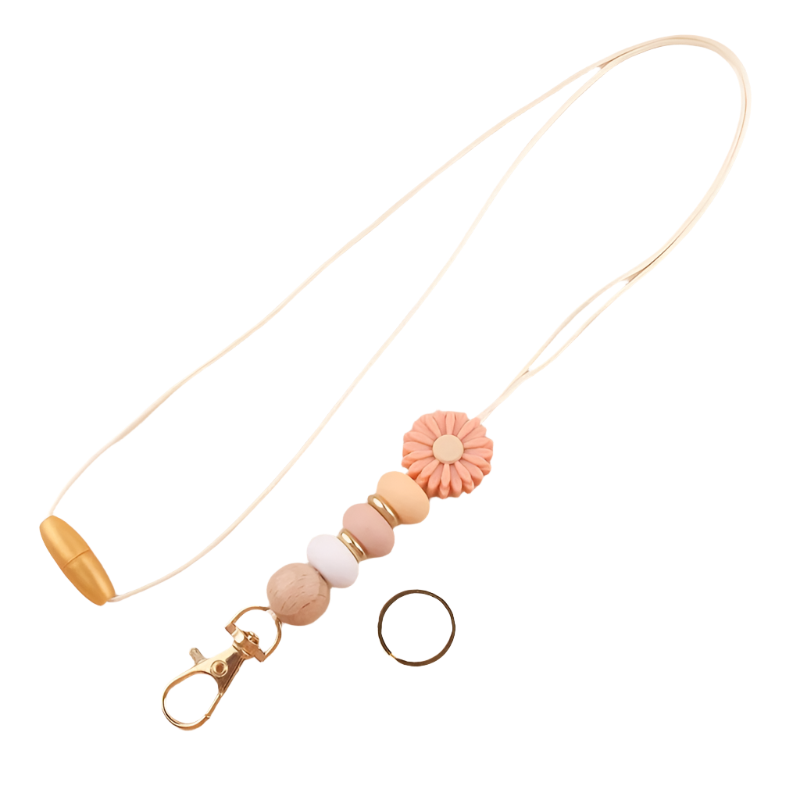 Hemasa Daisy Bead Keychain Lanyard Badge Holder, Cute Flower Silicone Key Ring with Clip for Teachers and Students - Gift Idea