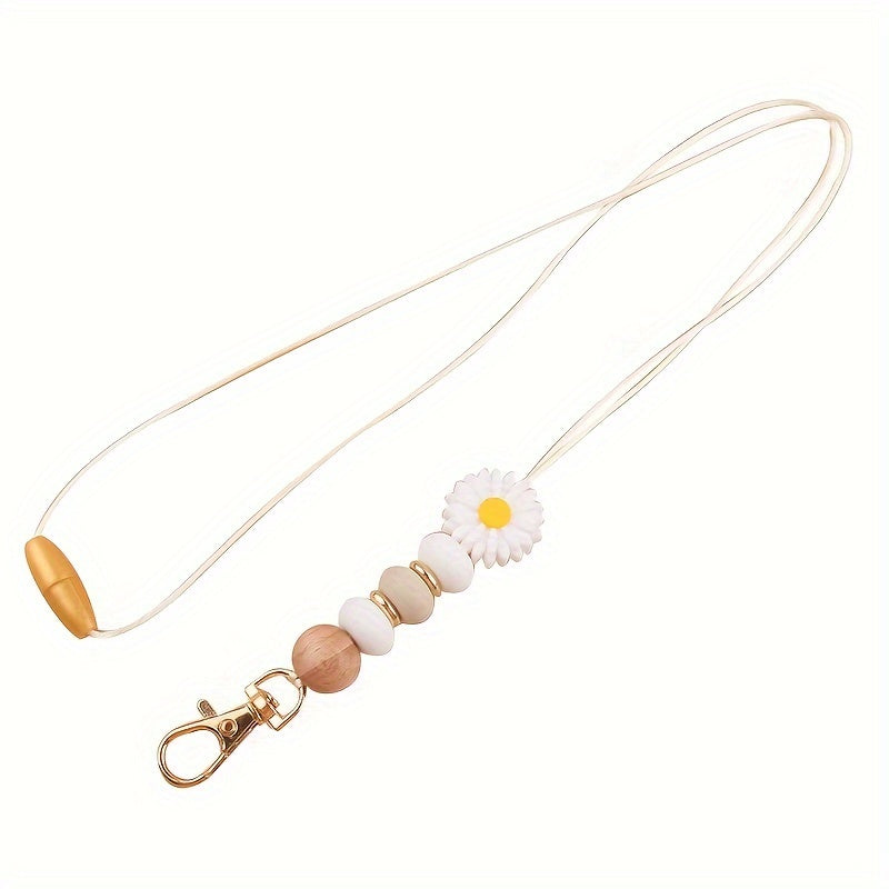 Hemasa Daisy Bead Keychain Lanyard Badge Holder, Cute Flower Silicone Key Ring with Clip for Teachers and Students - Gift Idea