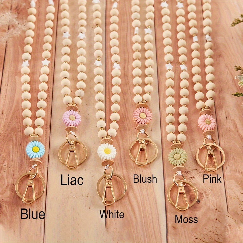 Daisy Flower Beaded Lanyard for ID Badge Holder, Crude Wood Bead Lanyard with Breakaway Clasp, Teacher Keychain, Nurse Gift, Graduation Present, Simple Floral Bohemian Necklace for Teachers, 6 Pack