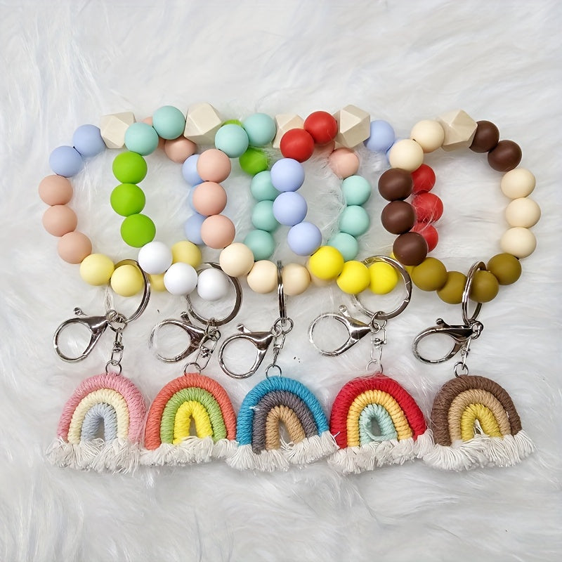 5pcs Silicone Beaded Keychain Set With Rainbow Tassel Charms - Perfect Gift For Friends & Mom, Decorative Bag Accessories