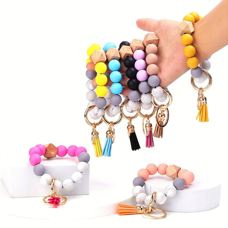 1pc, Silicone Beaded Keychain For Women Bracelet Fashion Vintage Boho Car Keychain Leather Tassel Beaded Bracelet Key Ring Bag Pendant Halloween Thanksgiving Gift Party Small Gift For Men And Women The Same Style