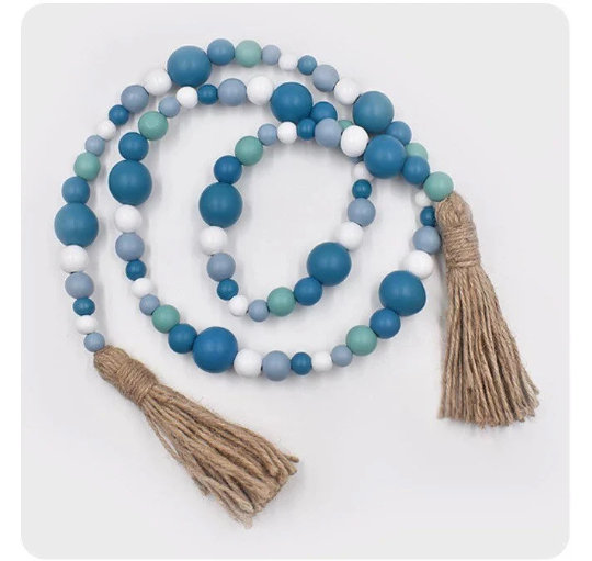 wooden beaded garland | Blue tassel garland | Blue beaded garland | Boho decor | Blue home decor