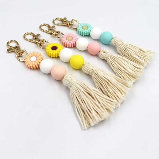 Silicone Key Ring With Macrame Tassel/ Silicone Beaded Key Rings for Women Girls