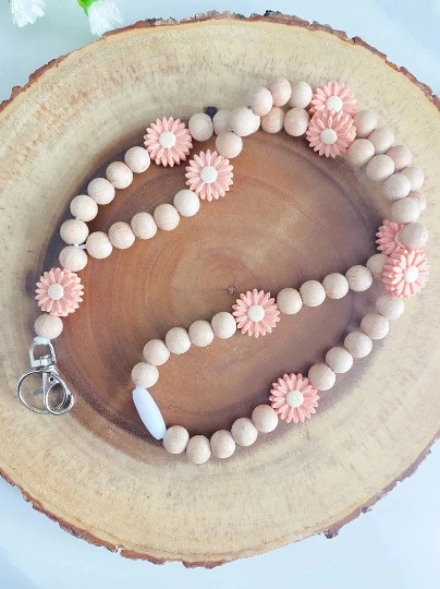 Wooden beads with silicone Daisy Flower beads -Lanyards for Keys & ID Card Holders