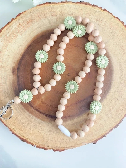 Wooden beads with silicone Daisy Flower beads -Lanyards for Keys & ID Card Holders