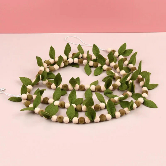 Green Felt leaves  with wooden beads garland