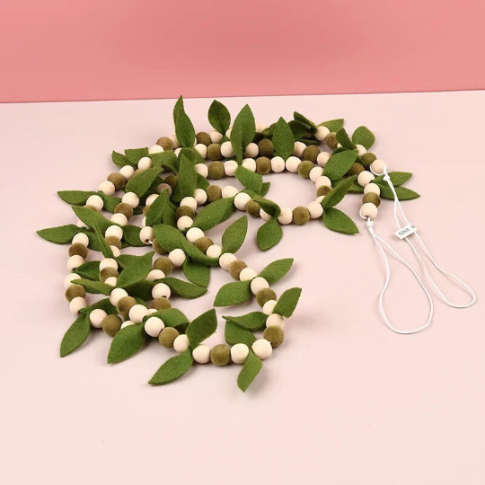 Green Felt leaves  with wooden beads garland