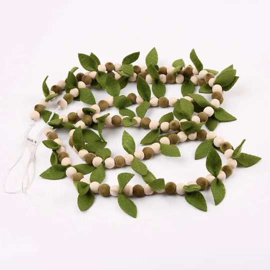 Green Felt leaves  with wooden beads garland