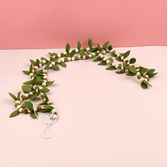 Green Felt leaves  with wooden beads garland