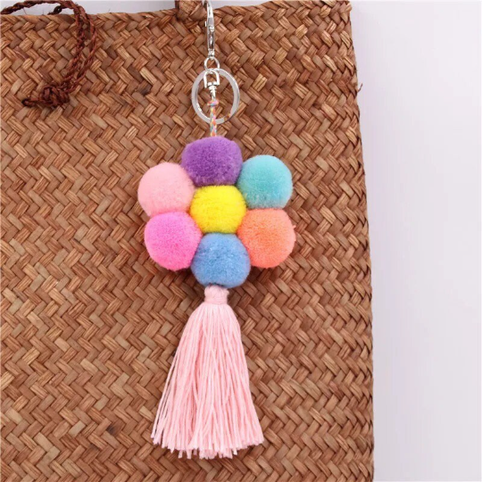 Pom pom pendant handbag key chain/pom pom flower colourful tassel /handbag key ring with tassel