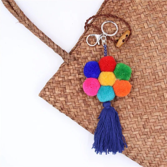 Pom pom pendant handbag key chain/pom pom flower colourful tassel /handbag key ring with tassel