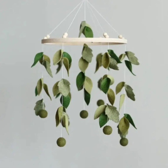 Monstera leaves cot mobile, unisex baby mobile, customised baby mobile, crib mobile, felt balls baby mobile,green balls baby mobile