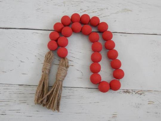 Red colour wooden bead garland with jute tassels, boho home decor, , rustic bead garland, farmhouse beads