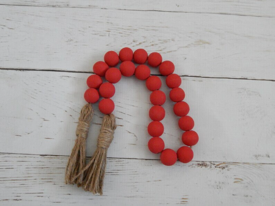Red colour wooden bead garland with jute tassels, boho home decor, , rustic bead garland, farmhouse beads