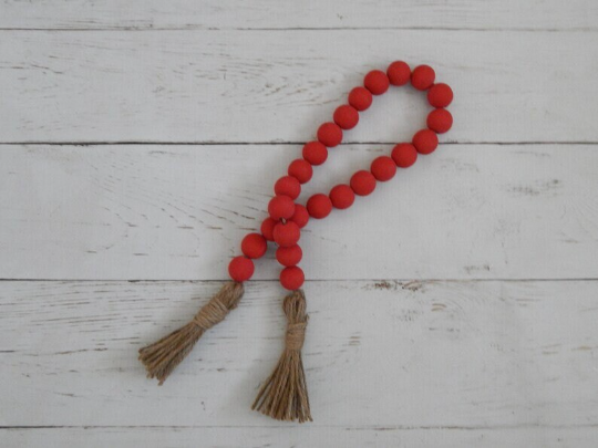 Red colour wooden bead garland with jute tassels, boho home decor, , rustic bead garland, farmhouse beads