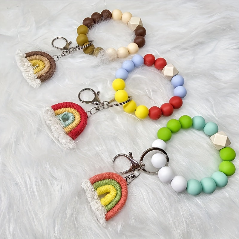 5pcs Silicone Beaded Keychain Set With Rainbow Tassel Charms - Perfect Gift For Friends & Mom, Decorative Bag Accessories