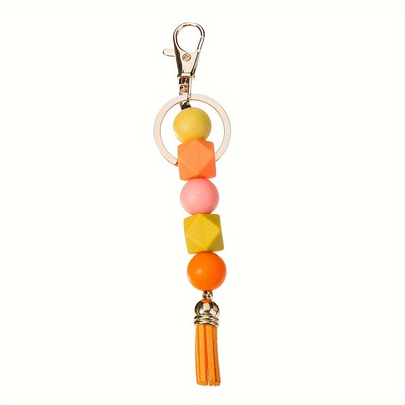 6pcs Valentine'S Day Gift Set: Silicone Beaded Keychain With Pu Tassel & Lobster Clasp - Fashionable Bag Charm For Women