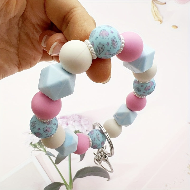 Pastel Beaded Keychain, Shell & Butterfly Pattern, Silicone & Pearl Beads, Car Key Bag Accessory, For Friends