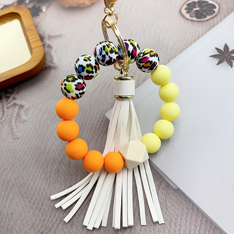 1pc Color Block Silicone Beaded Bracelet Wristlet Keychain Fashion Bag Charm Phone Lanyard Bangle Key Chain Women daily use Gift