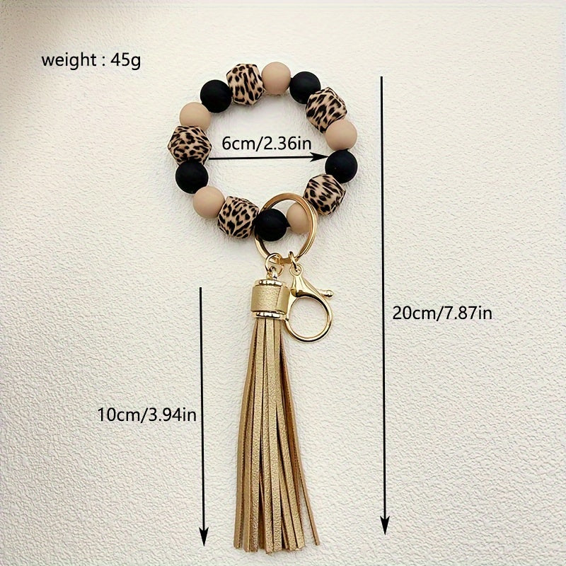 Silicone Beaded Wristlet Keychain With PU Leather Tassel Skull Flower Leopard Fashion Bag Charm Phone Lanyard Women daily use Gift