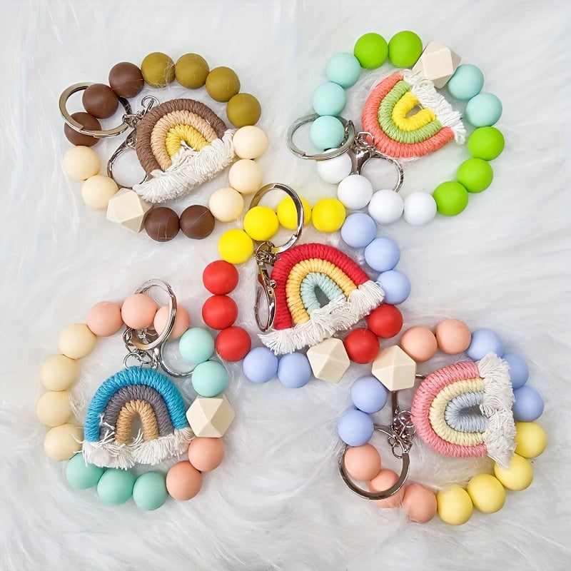 5pcs Silicone Beaded Keychain Set With Rainbow Tassel Charms - Perfect Gift For Friends & Mom, Decorative Bag Accessories