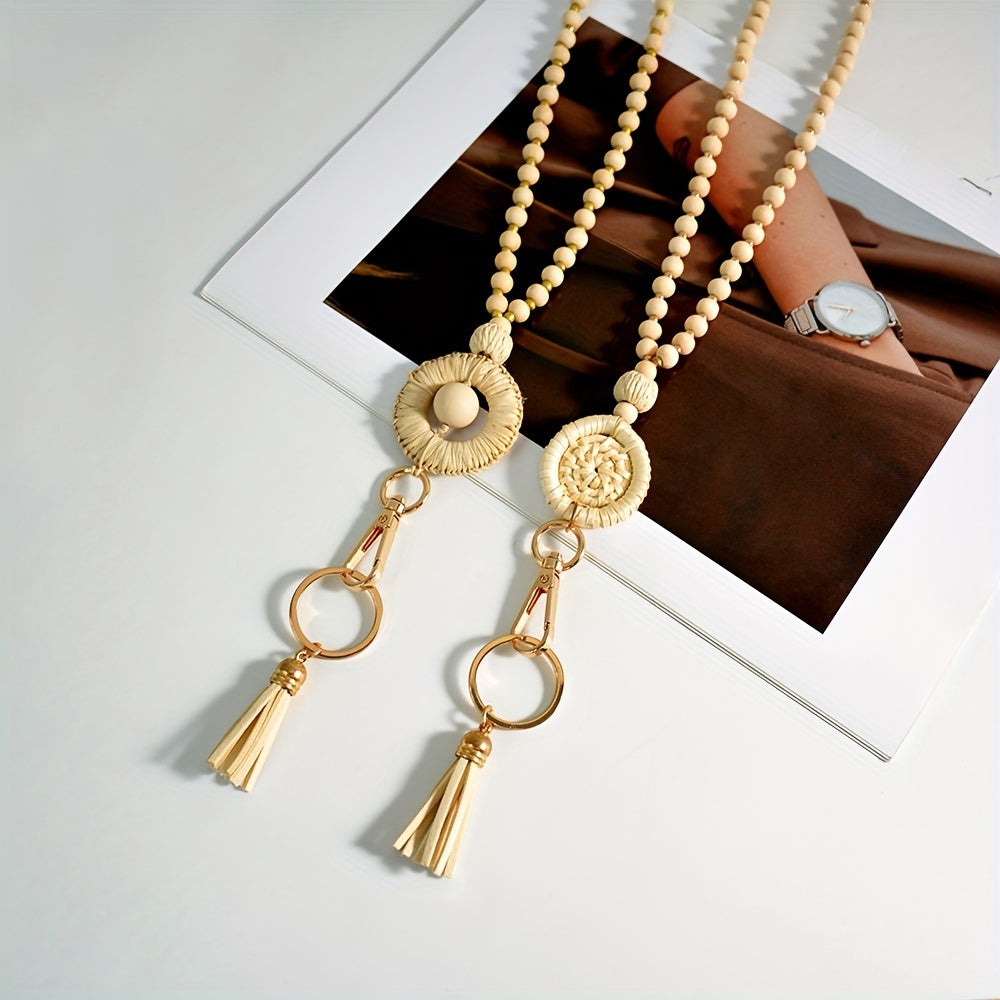 Hemasa 1pc Bohemian Crude Wood Bead Lanyard Weaved Keychain with Tassel Charm Handcrafted Teacher Key Ring Pendant Student ID Badge Holder