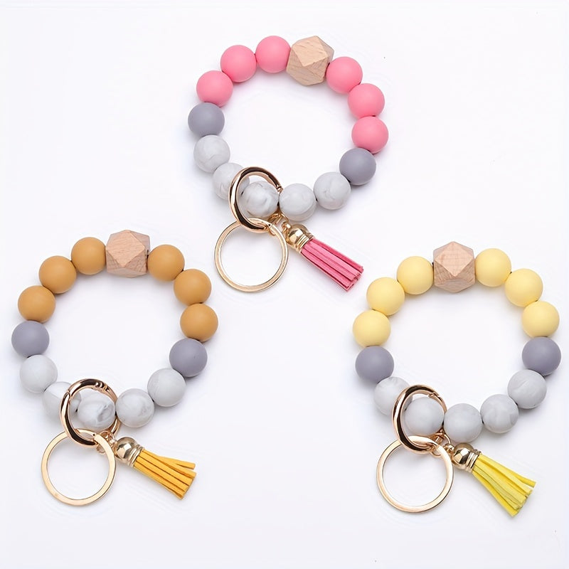1pc, Silicone Beaded Keychain For Women Bracelet Fashion Vintage Boho Car Keychain Leather Tassel Beaded Bracelet Key Ring Bag Pendant Halloween Thanksgiving Gift Party Small Gift For Men And Women The Same Style