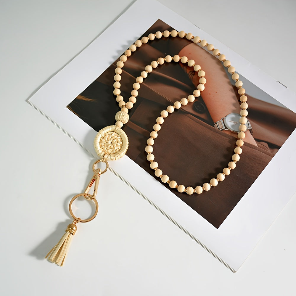 Hemasa 1pc Bohemian Crude Wood Bead Lanyard Weaved Keychain with Tassel Charm Handcrafted Teacher Key Ring Pendant Student ID Badge Holder
