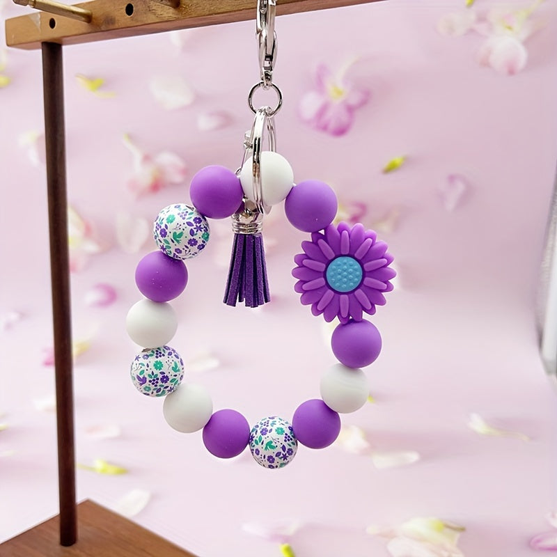 Hemasa Silicone Sunflower Daisy, Pastoral Printed Wooden Bead Silicone Bead Handmade Beaded Bracelet, PU Tassel Keychain, Bag Pendant Accessory, Keychain