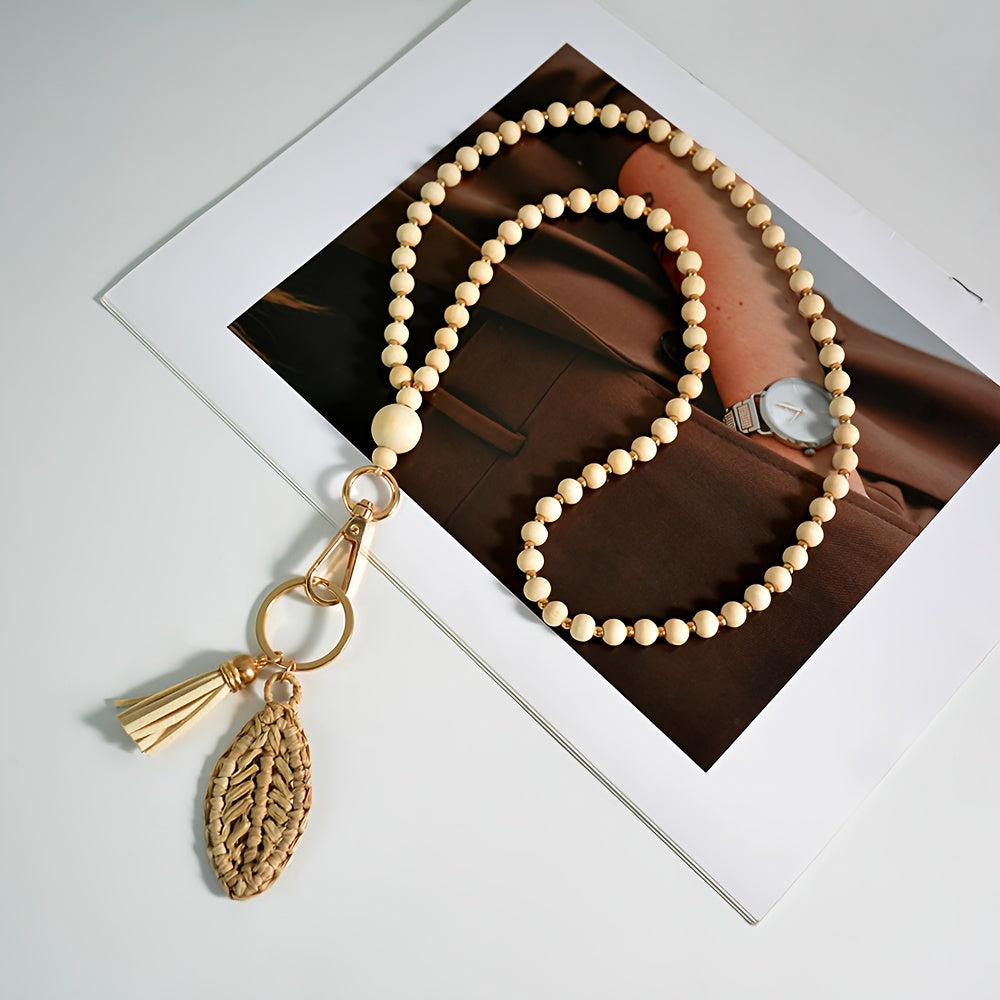 Hemasa 1pc Bohemian Crude Wood Bead Lanyard Weaved Keychain with Tassel Charm Handcrafted Teacher Key Ring Pendant Student ID Badge Holder