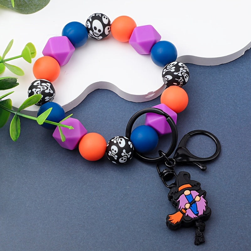 Halloween Witch Broom & Skull Silicone Beaded Keychain - Cartoon/Punk Style, Lobster Clasp, Fashionable Women's Accessory, Perfect Gift