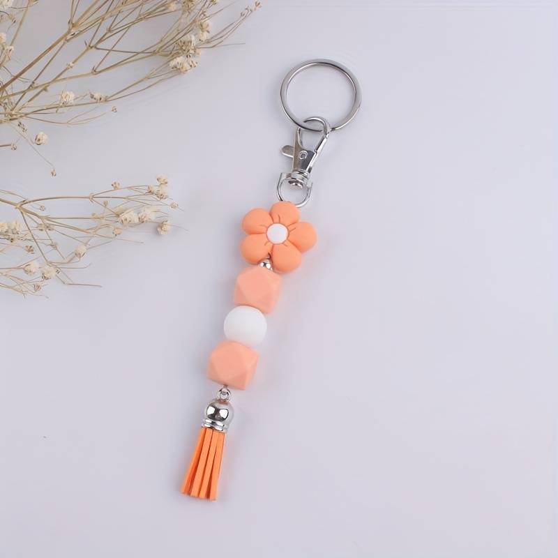 Silicone Beads with Daisy Flower  With Tassel Key Ring