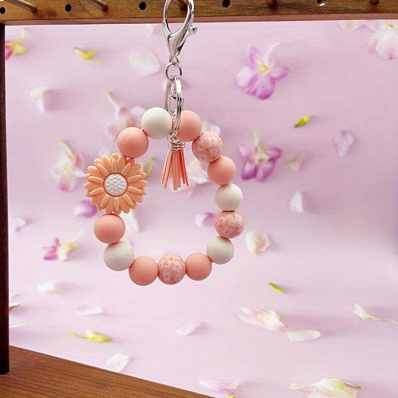 Hemasa Silicone Sunflower Daisy, Pastoral Printed Wooden Bead Silicone Bead Handmade Beaded Bracelet, PU Tassel Keychain, Bag Pendant Accessory, Keychain