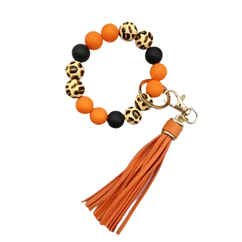 Hemasa Leopard Print Wooden & Silicone Bead Keychain / Ladies Tassel Bracelet Keyring