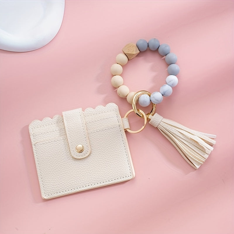 Hemasa Silicone Bead Bracelet Card Holder with PU Tassel Keychain