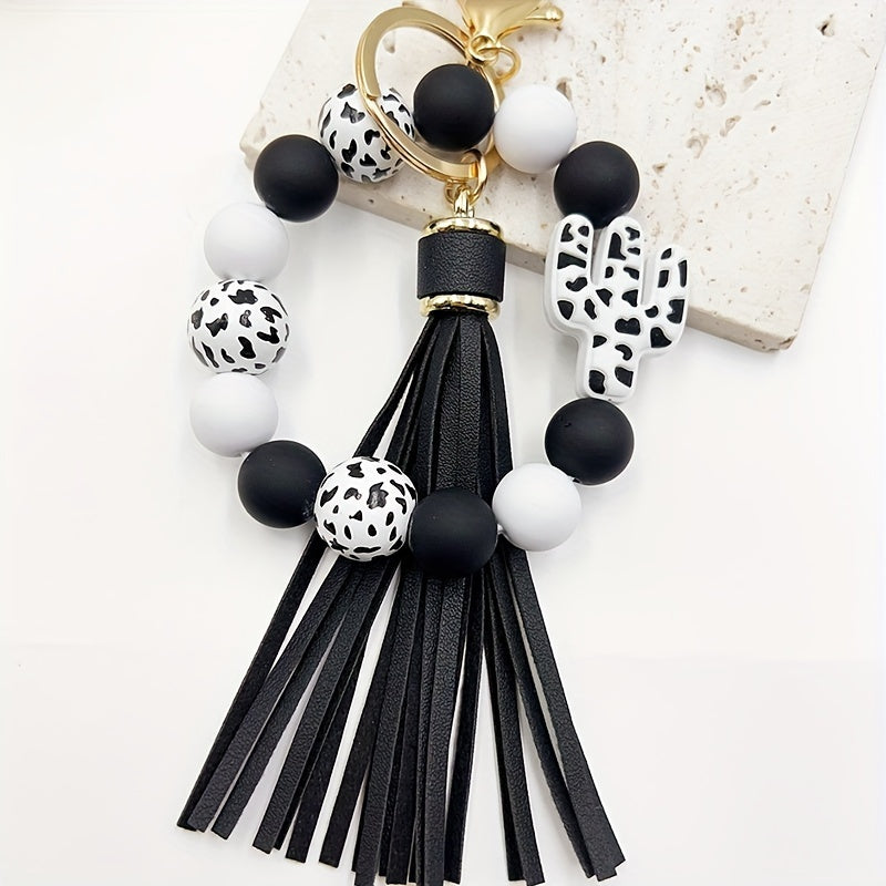 Chic Cactus-Themed Silicone Beaded Keychain with Tassel - Cartoon & Plant Design, Lobster Clasp Charm for Women, Cactus Decor
