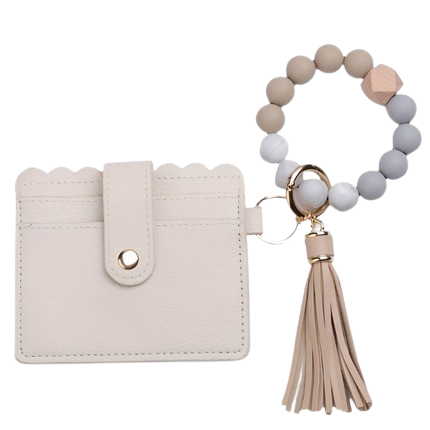 Hemasa Silicone Beaded Bracelet Wristlet Keychain With PU Leather Wallet Card Holder  /Bag Charm/ Phone Lanyard