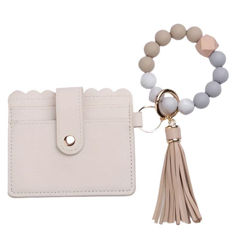 Hemasa Silicone Beaded Bracelet Wristlet Keychain With PU Leather Wallet Card Holder  /Bag Charm/ Phone Lanyard
