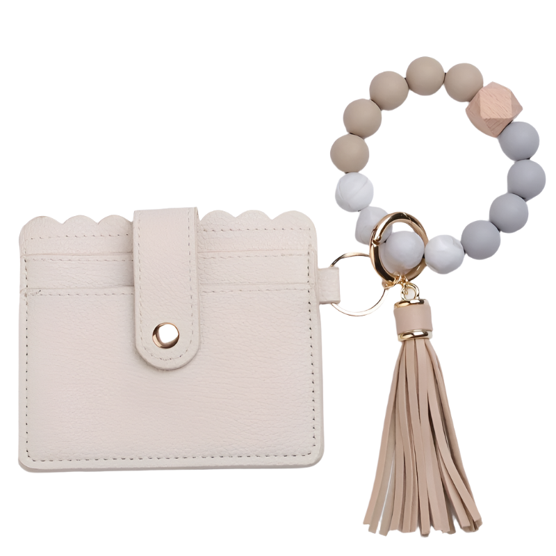 Hemasa Silicone Beaded Bracelet Wristlet Keychain With PU Leather Wallet Card Holder  /Bag Charm/ Phone Lanyard