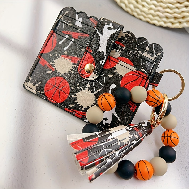 Sporty Chic Beaded Silicone Bracelet Keychain with Coin Purse - Faux Leather, Tassel Accent, Lobster Clasp - Perfect Gift for Women