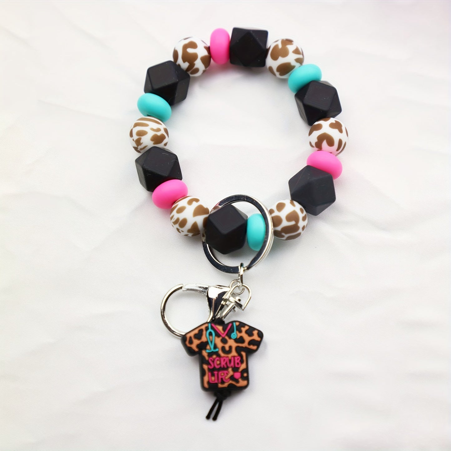 "Nurse Scrub Life" Silicone Bead Bracelet with Keyring and Nurse Uniform Charm - Perfect Gift for Nurse's Day