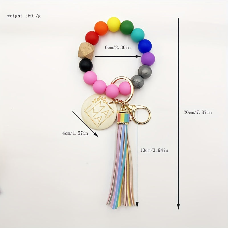 Chic Multicolor Silicone Beaded Keychain with Faux Leather Tassel & 'MAMA' Wooden Charm - Perfect Mother's Day Gift