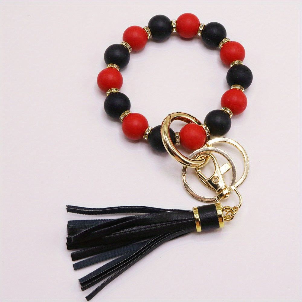 Chic Sunflower Silicone Bead Bracelet with Rhinestone Accents, Tassel Charm & Keychain - Fashionable Women's Accessory